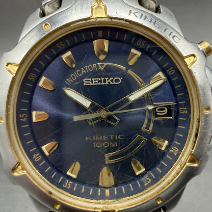 Seiko Kinetic Watch Men 39mm Blue Dial two Tone Date Round 5M62-0D10 New Cap1