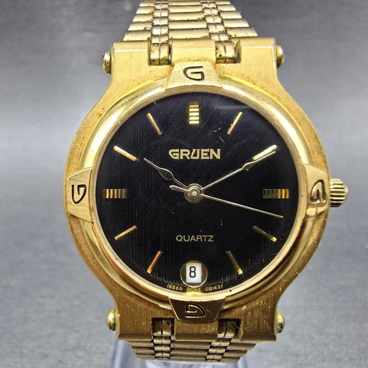 Gruen Watch Unisex 31mm Black Dial Gold Tone Date Round 225-6M12 New Battery0