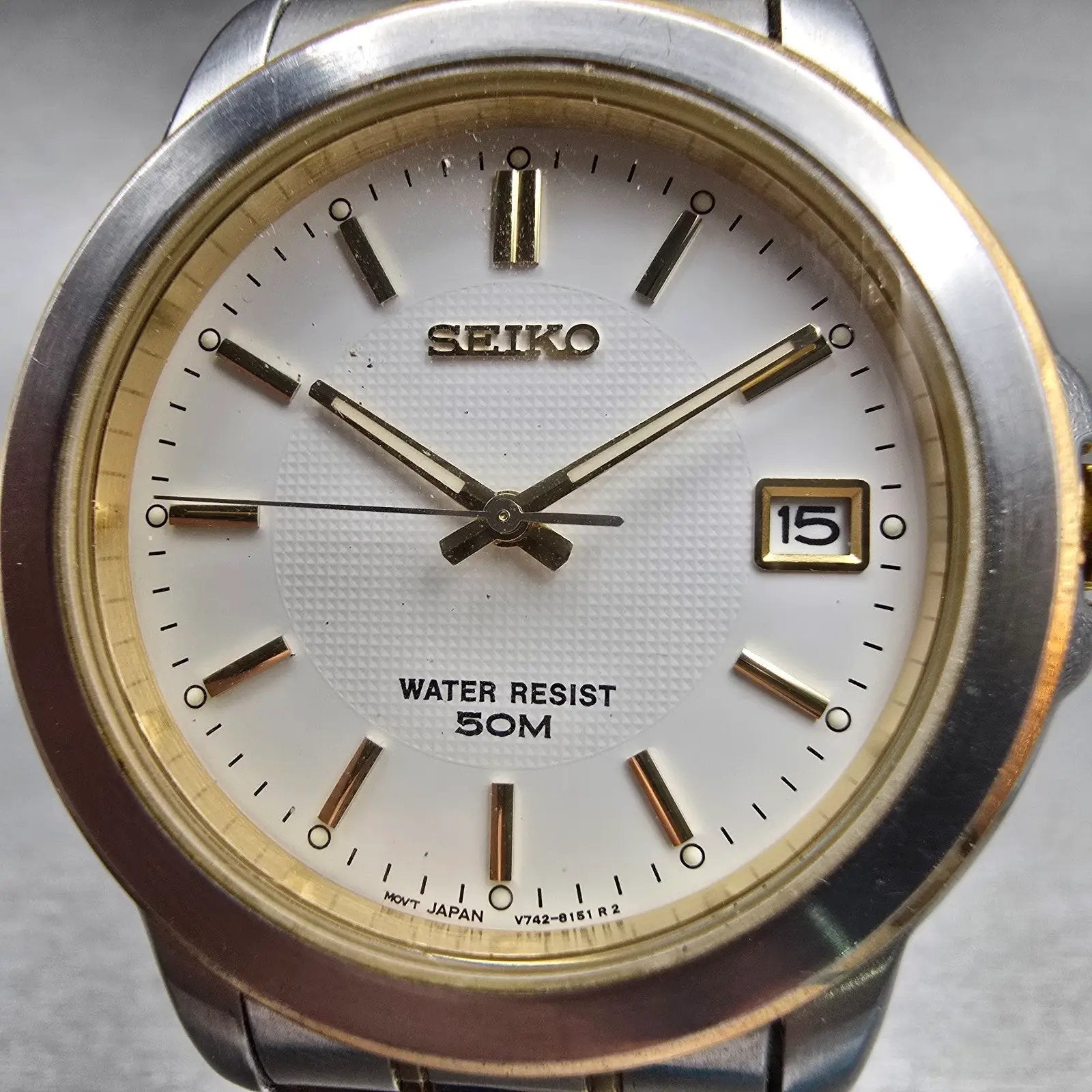 Seiko Watch Men 38mm White Dial Two Tone Date Round V742-6119 New Battery VTG1
