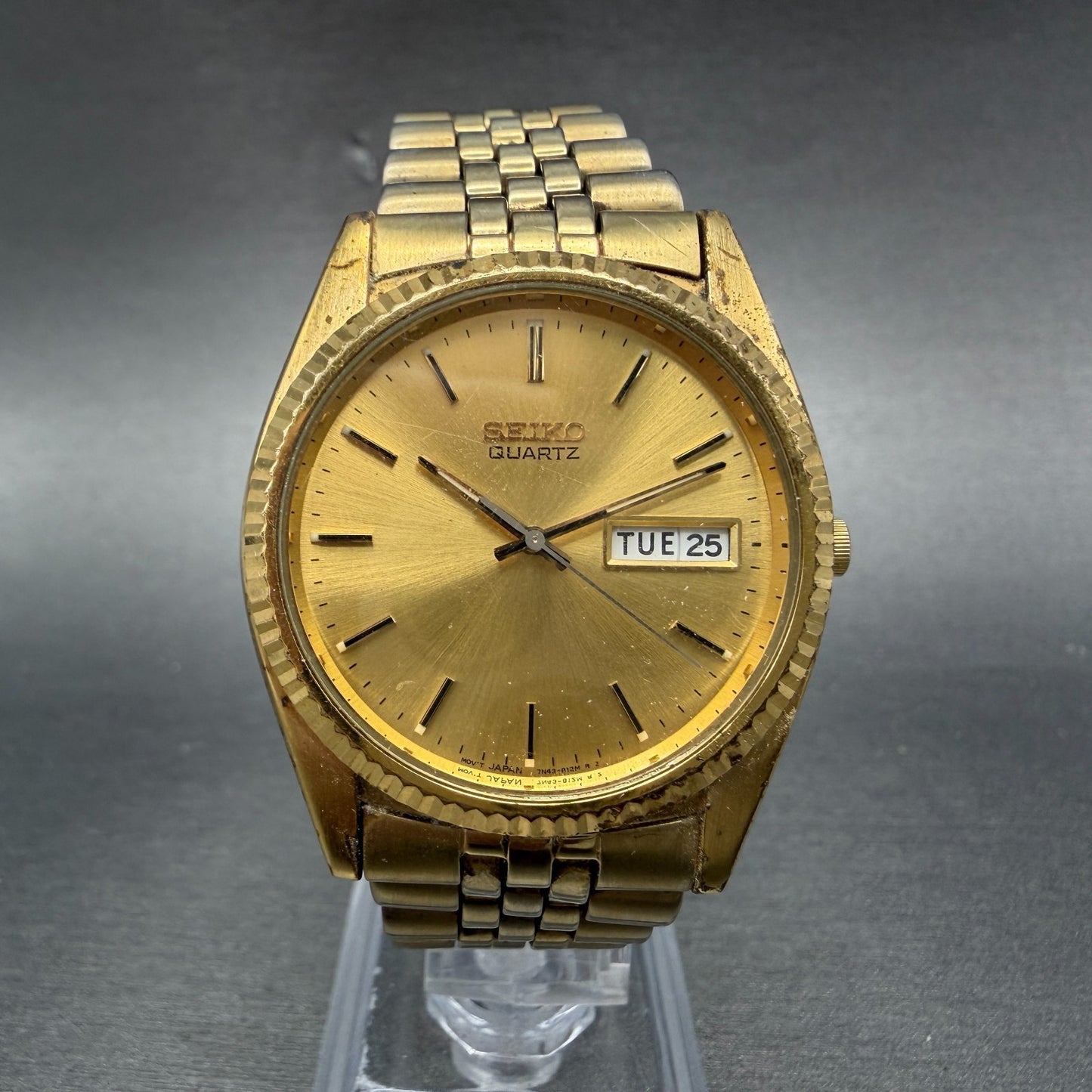 Seiko President Watch Men 36mm Gold Dial Gold Tone Daydate 7N43-8111 New Battery0