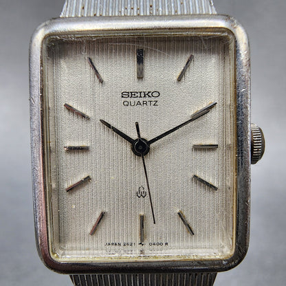 Seiko Tank Watch Women 20mm White Dial Silver Tone 2621-5200 New Battery