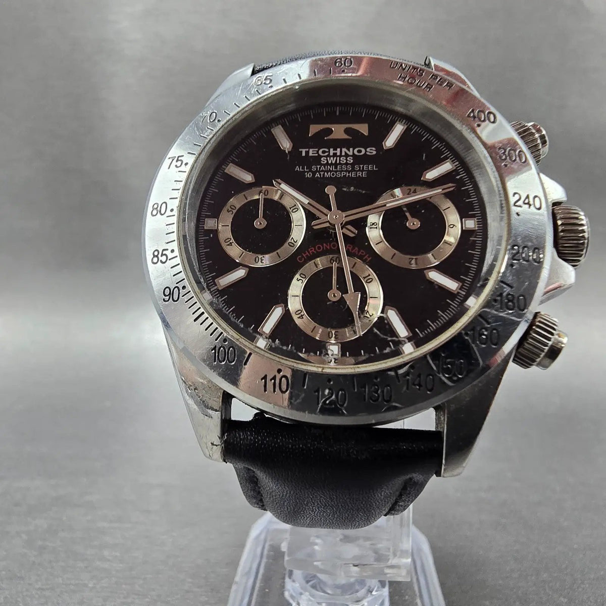 Technos Chronograph Watch Men 40mm Black Dial Silver TGM615 New Battery JDM5
