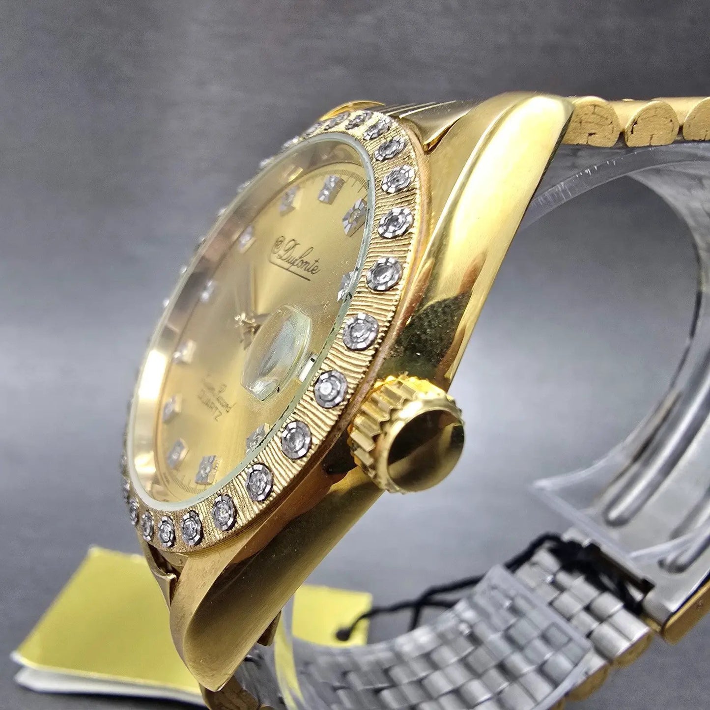 Lucien Piccard Dufonte Watch Men 36mm Gold Dial Gold Tone Date Diamond Bezel4