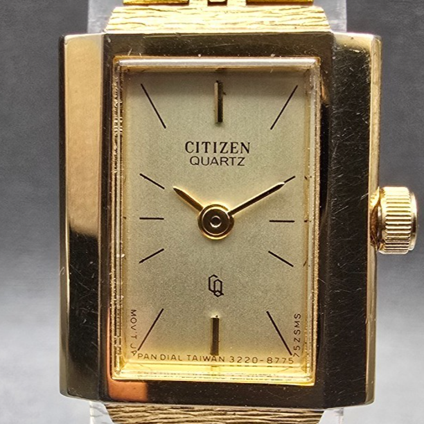 Citizen CQ Watch Women 17mm Gold Dial Gold Tone Rectangle 3220-S16911 New Batt1