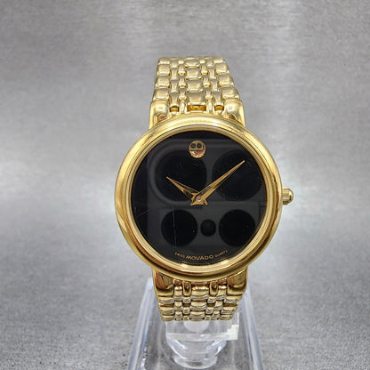 Movado Museum Watch Women 26mm Black Dial Gold Tone Round 87 E4 9837 New Battery0