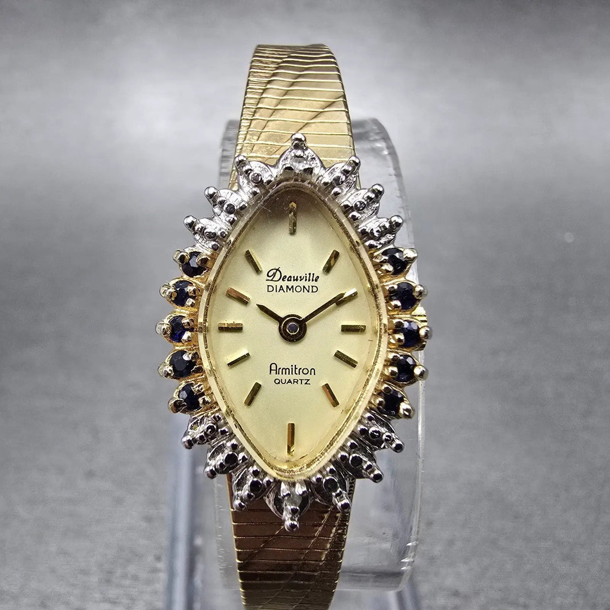 Armitron Deauville Diamond Watch Women 15mm Gold Dial Gold Sapphire Oval NewBatt0
