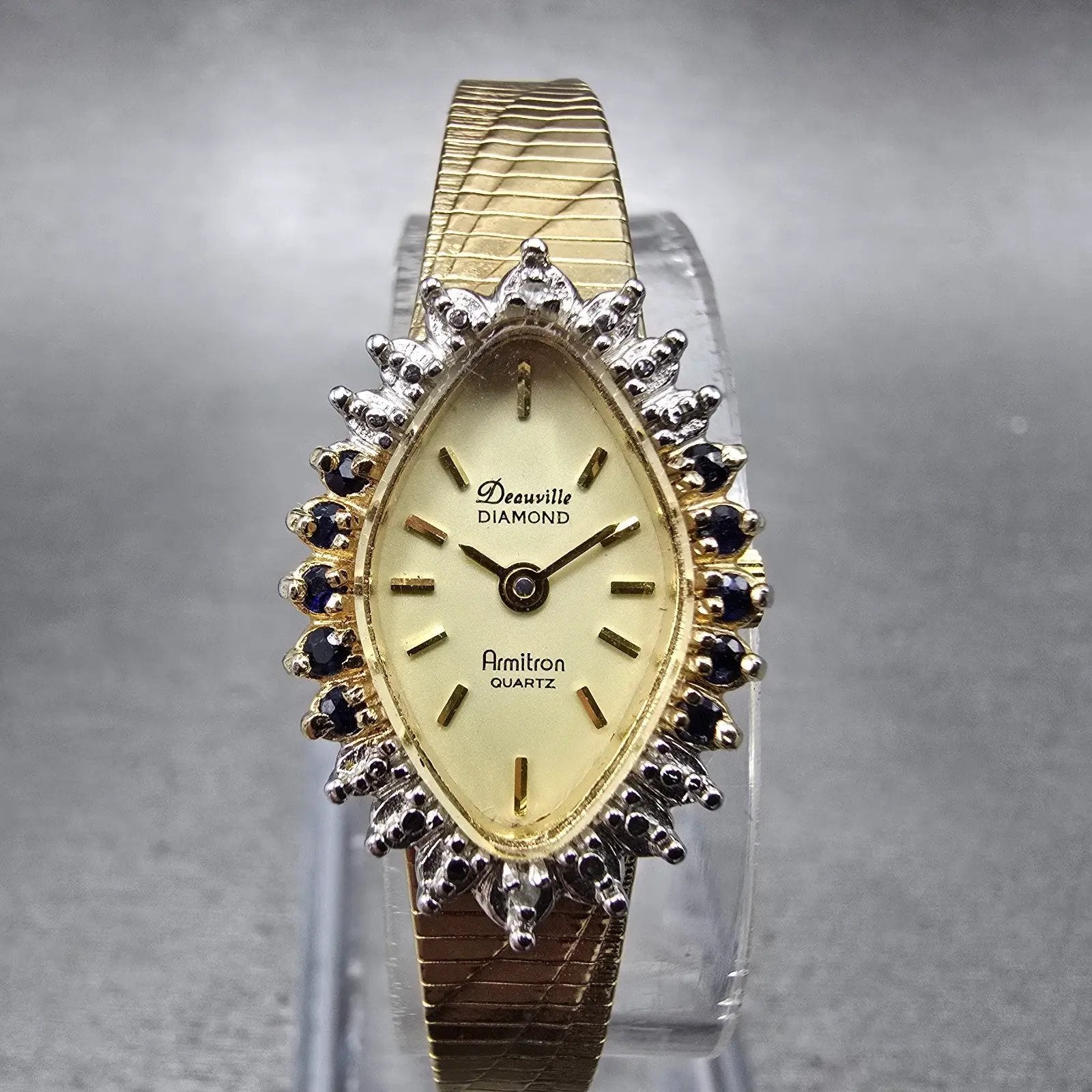 Armitron Deauville Diamond Watch Women 15mm Gold Dial Gold Sapphire Oval NewBatt0
