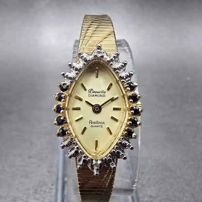 Armitron Deauville Diamond Watch Women 15mm Gold Dial Gold Sapphire Oval NewBatt0