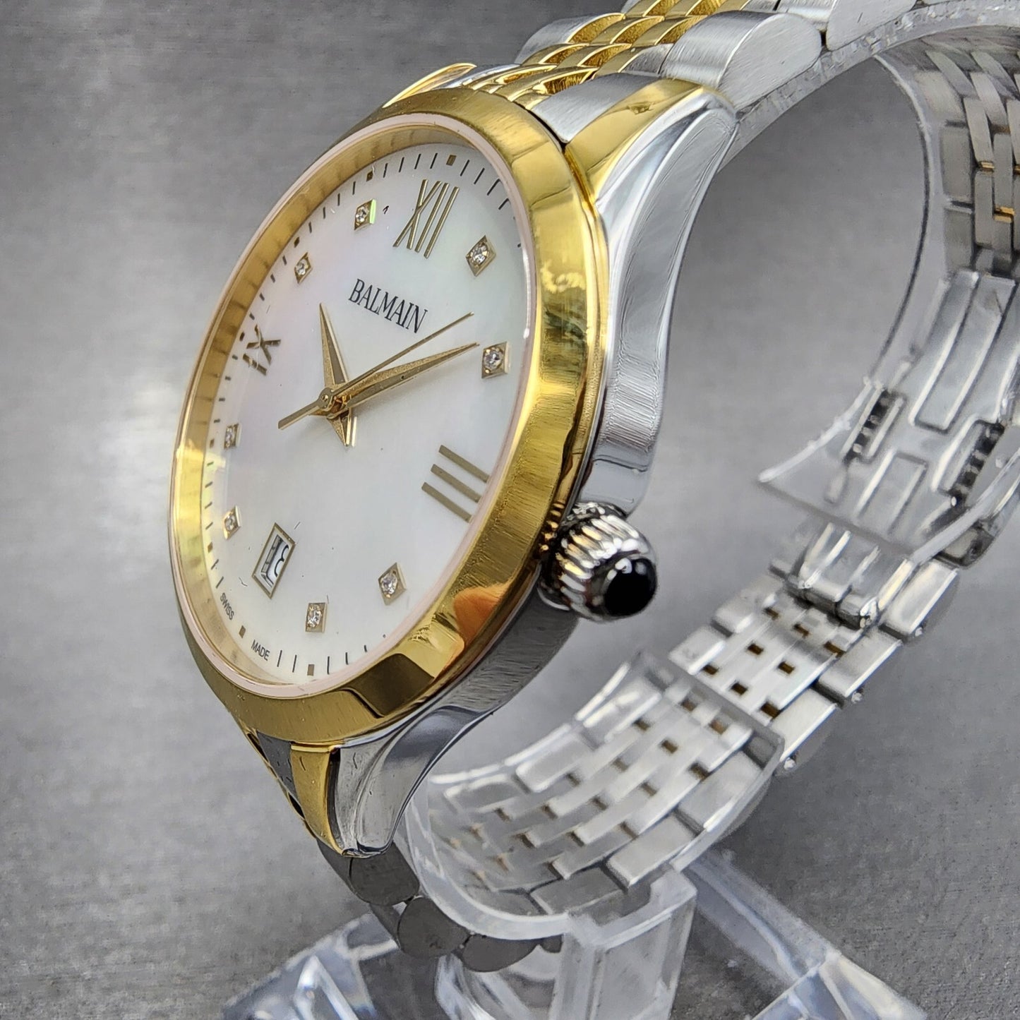 Balmain Classic R Watch Women 34mm MOP Dial Two Tone Date Round Diamond Markers2