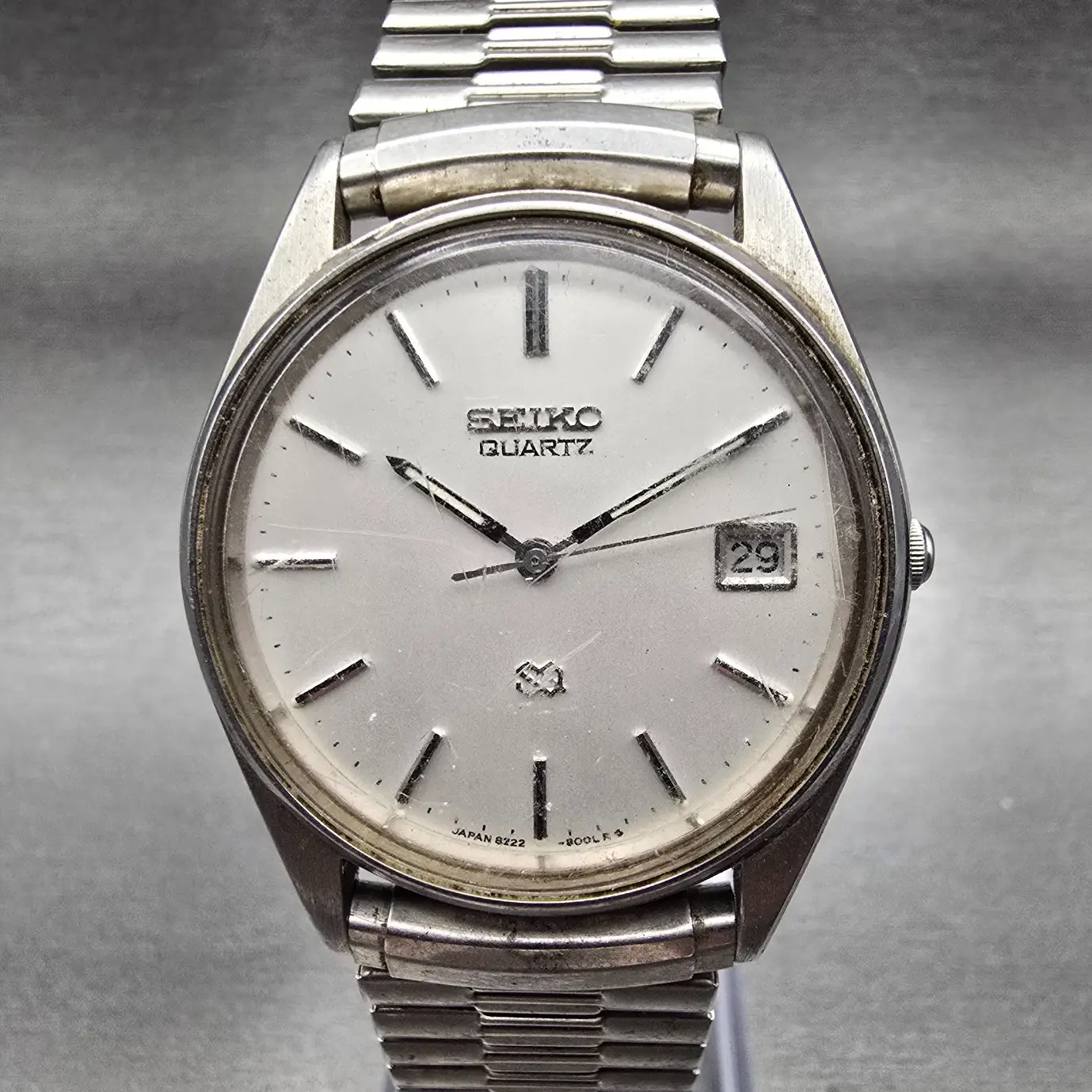 Seiko SQ Watch Men 35mm Silver Dial Silver Tone Date Round 8222-8029 New Battery0