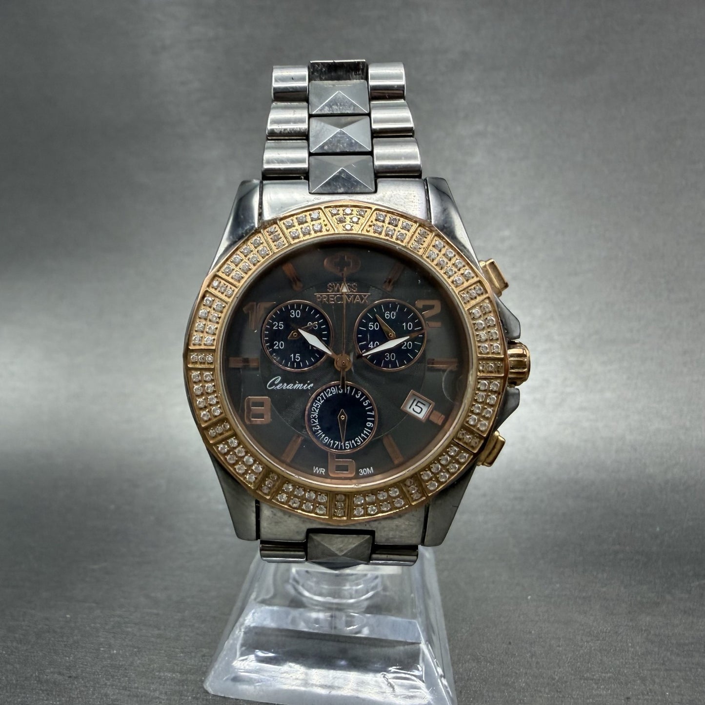 Swiss Precimax Chronograph Watch Women 38mm Black Dial Ceramic Date New Batt5
