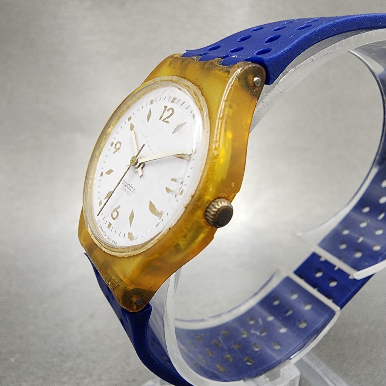 Swatch Gold Bride Watch Women 25mm White Dial Clear Case Round LK123 New Battery2