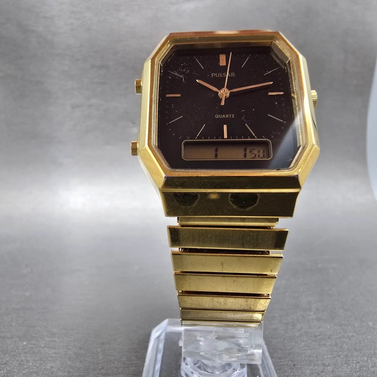Pulsar Analog Digital Watch Men 29mm Black Dial Gold Octagon V041-5180 New BattL5