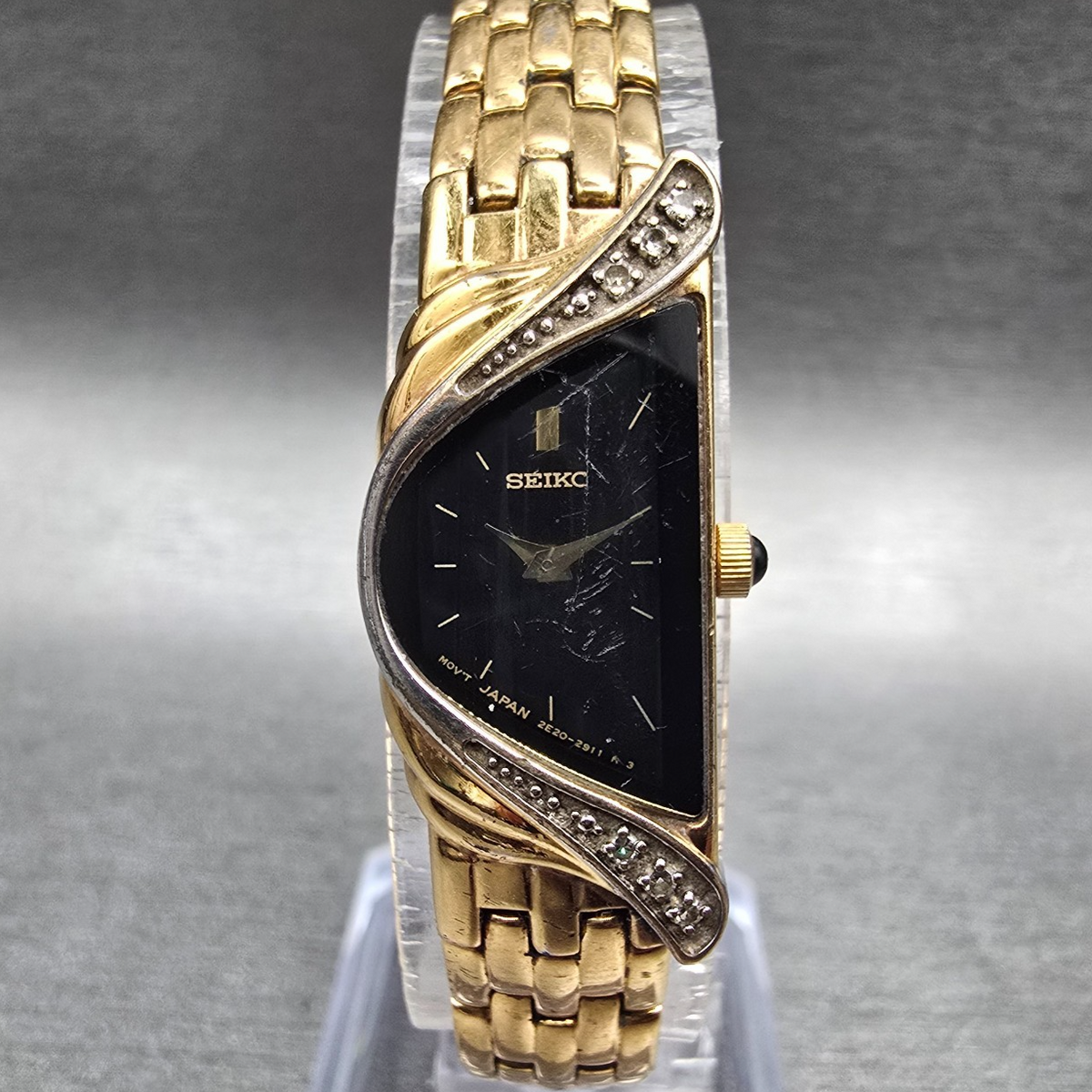 Seiko Half Moon Watch Women 14mm Black Dial Gold Diamonds Asymmetrical New Batt0