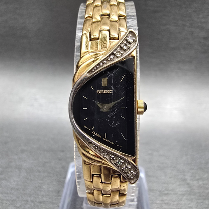 Seiko Half Moon Watch Women 14mm Black Dial Gold Diamonds Asymmetrical New Batt0