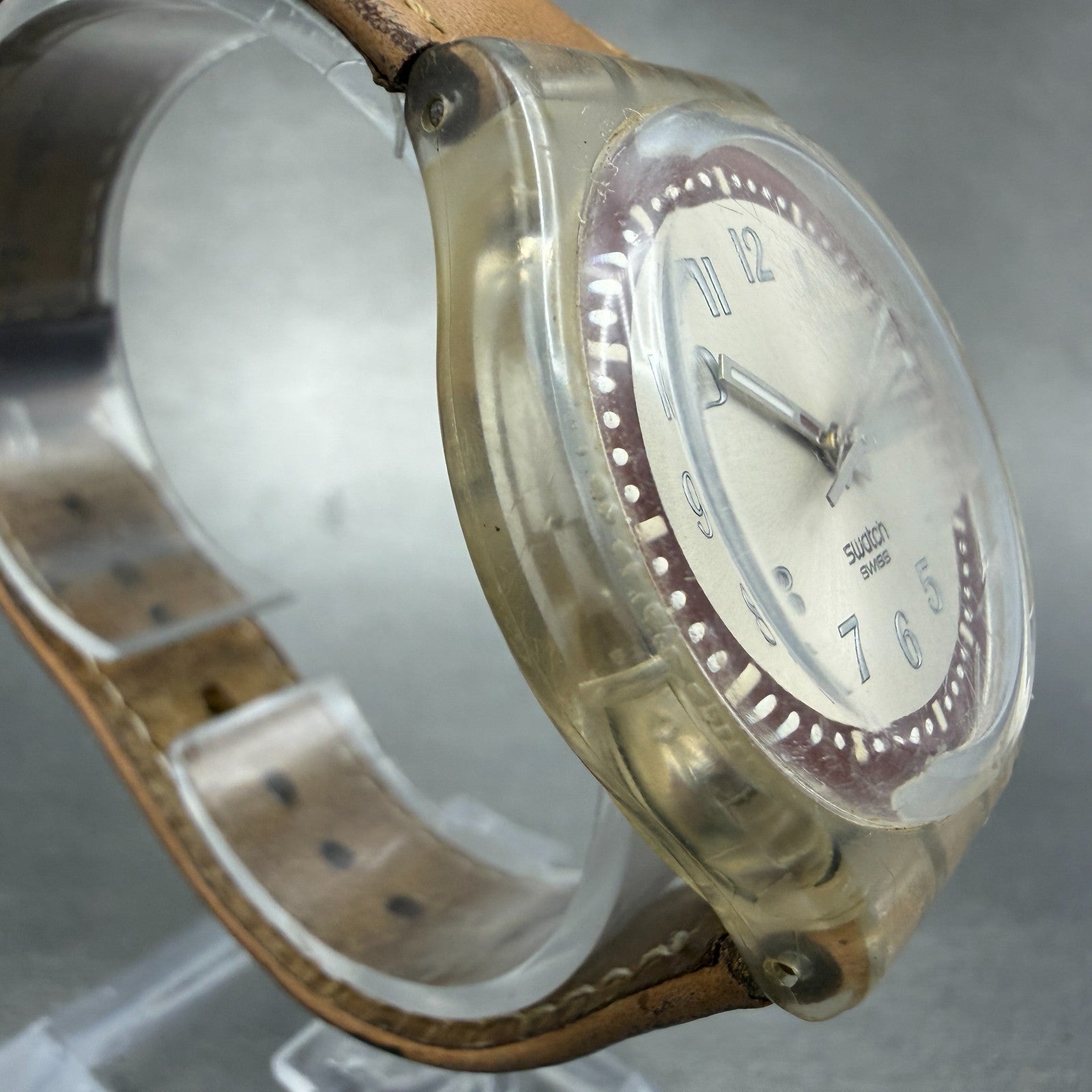 Swatch Croissant Chaud Watch Men 34mm Brown Dial Clear Case Daydate Round Works3