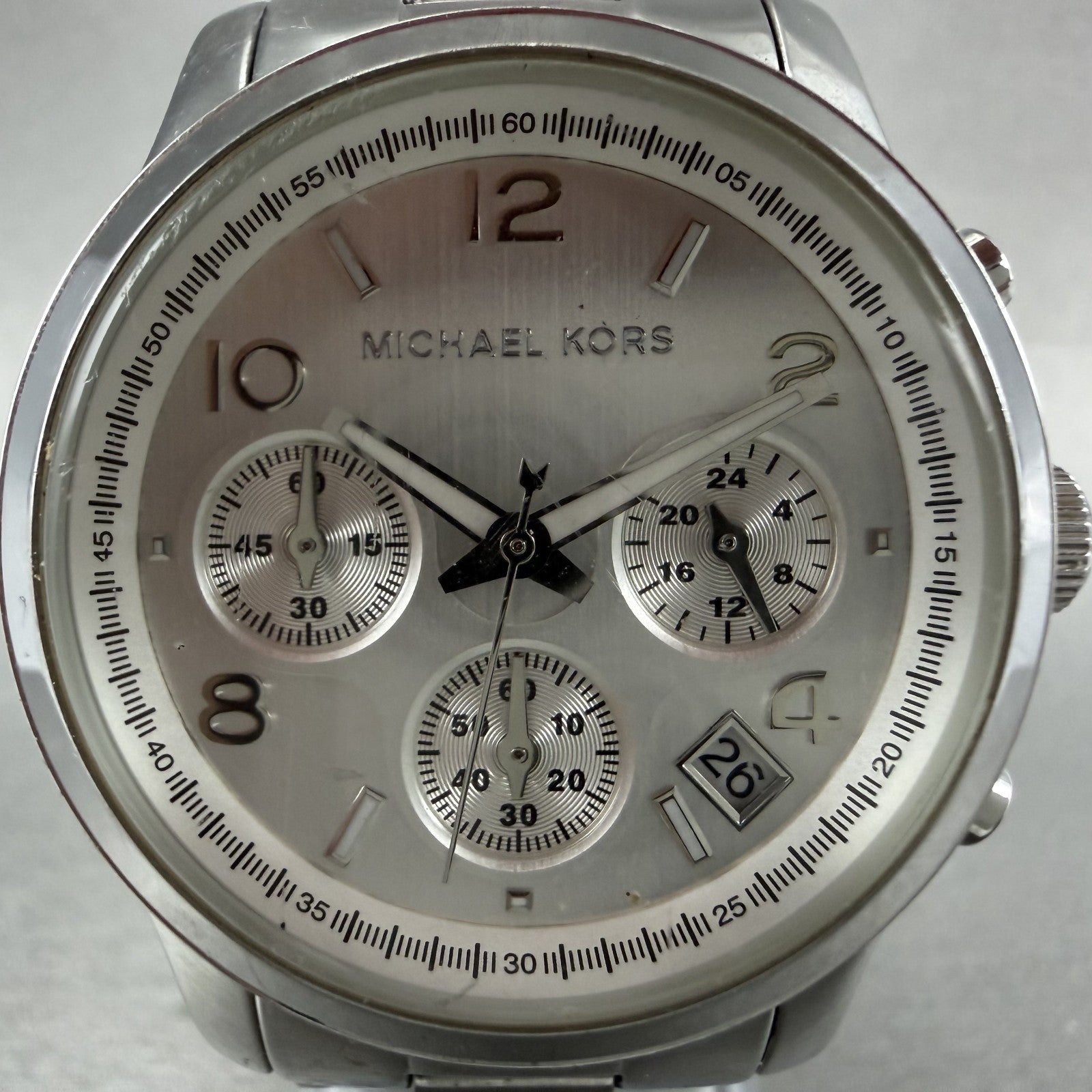 Michael Kors Runway Chronograph Watch Women 38mm Silver Dial Silver Tone New Bat1