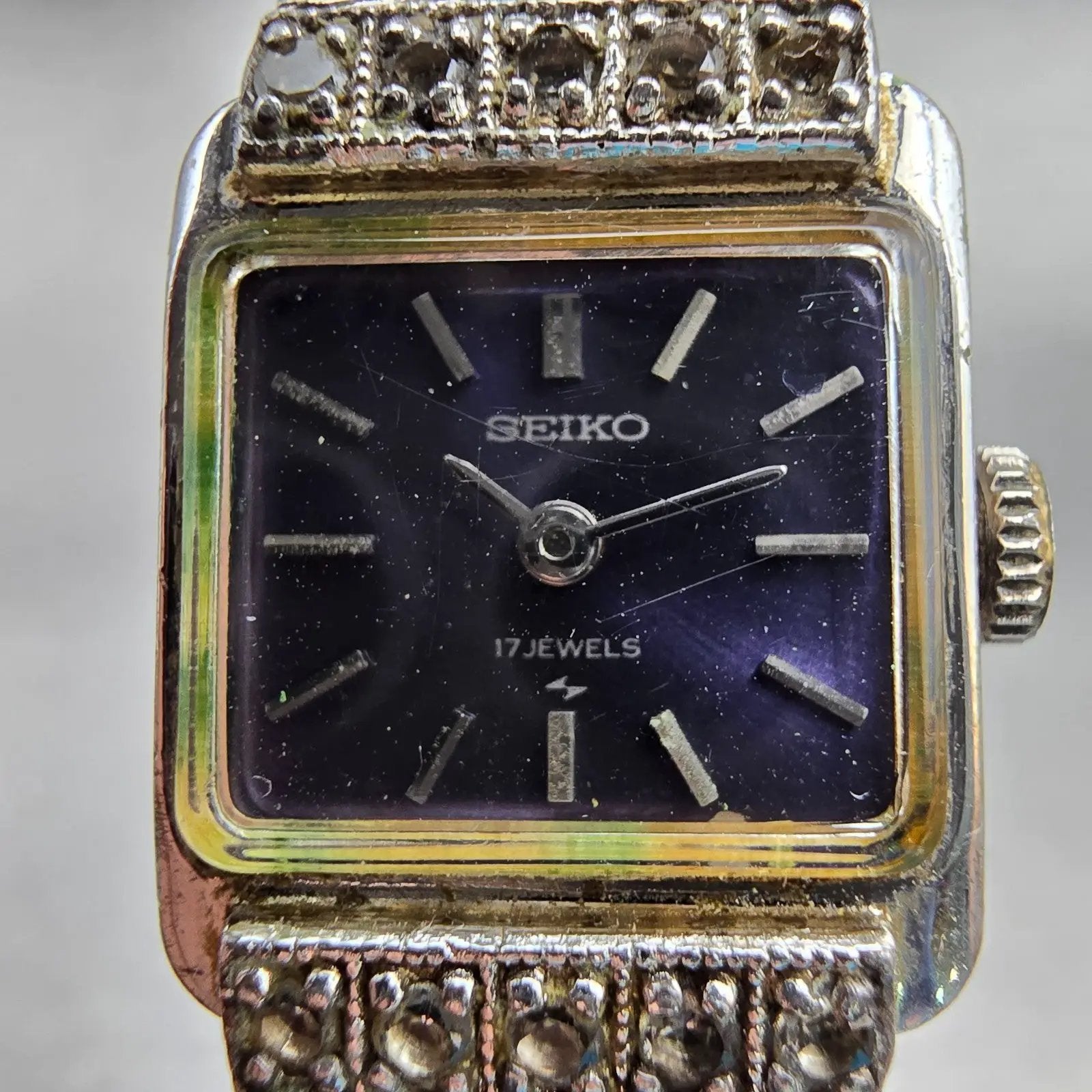 Seiko Watch Women 17mm Blue Dial Silver Tone Rectangle 21-3141 Manual Wind VTG1