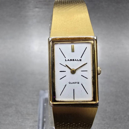 Seiko Lassale Tank Watch Women 15mm White Dial Gold Rectangle 8420-7359 New Batt0