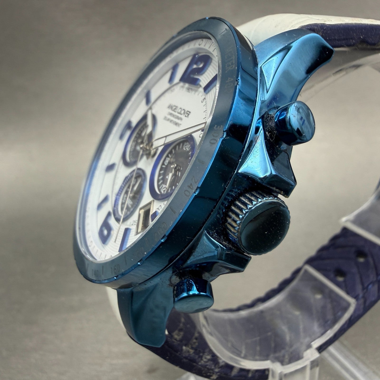 Angel Clover Chronograph Watch Men 44mm White Dial Blue Tone Date Solar Works2