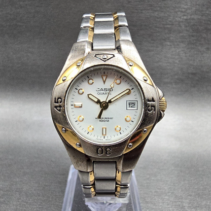 Casio Dive Watch Women 27mm White Dial Two Tone Date Round LTD-1034 New Battery0