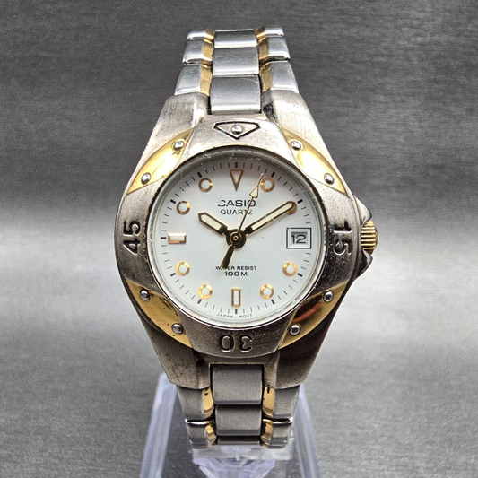 Casio Dive Watch Women 27mm White Dial Two Tone Date Round LTD-1034 New Battery0