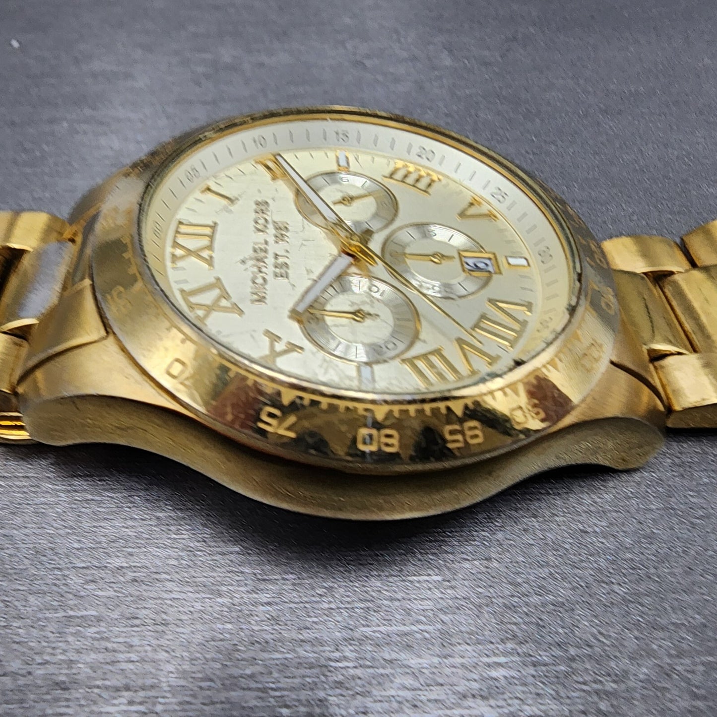 Michael Kors Layton Watch Men 44mm Champange Dial Gold Tone Date Round READ!!!!!5
