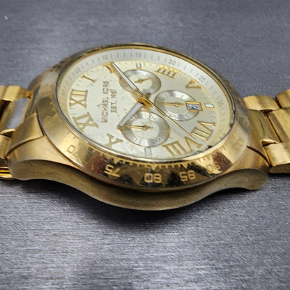 Michael Kors Layton Watch Men 44mm Champange Dial Gold Tone Date Round READ!!!!!5