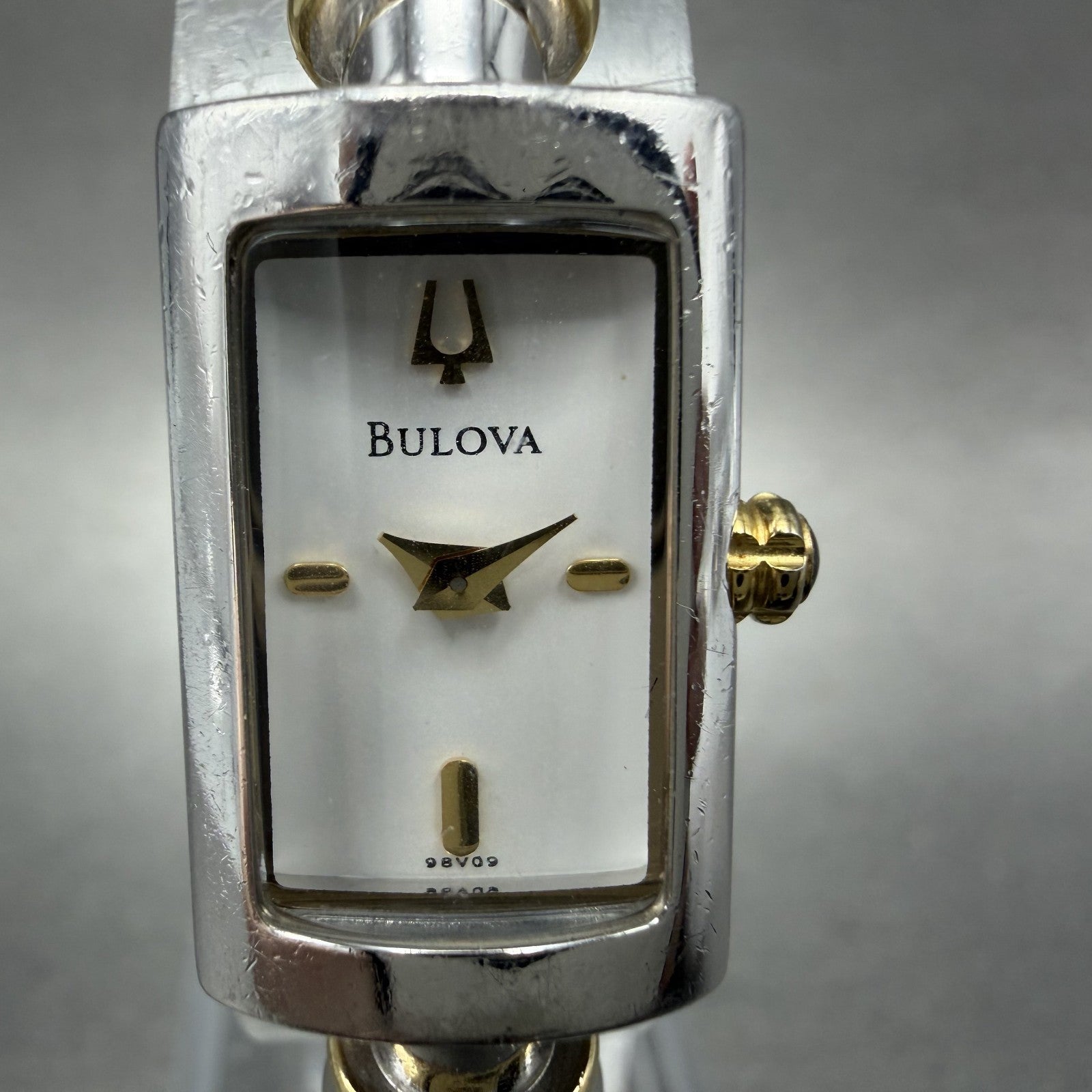 Bulova Tank Watch Women 14mm White Dial Two Tone Bangle 98V09 New Battery ABC1
