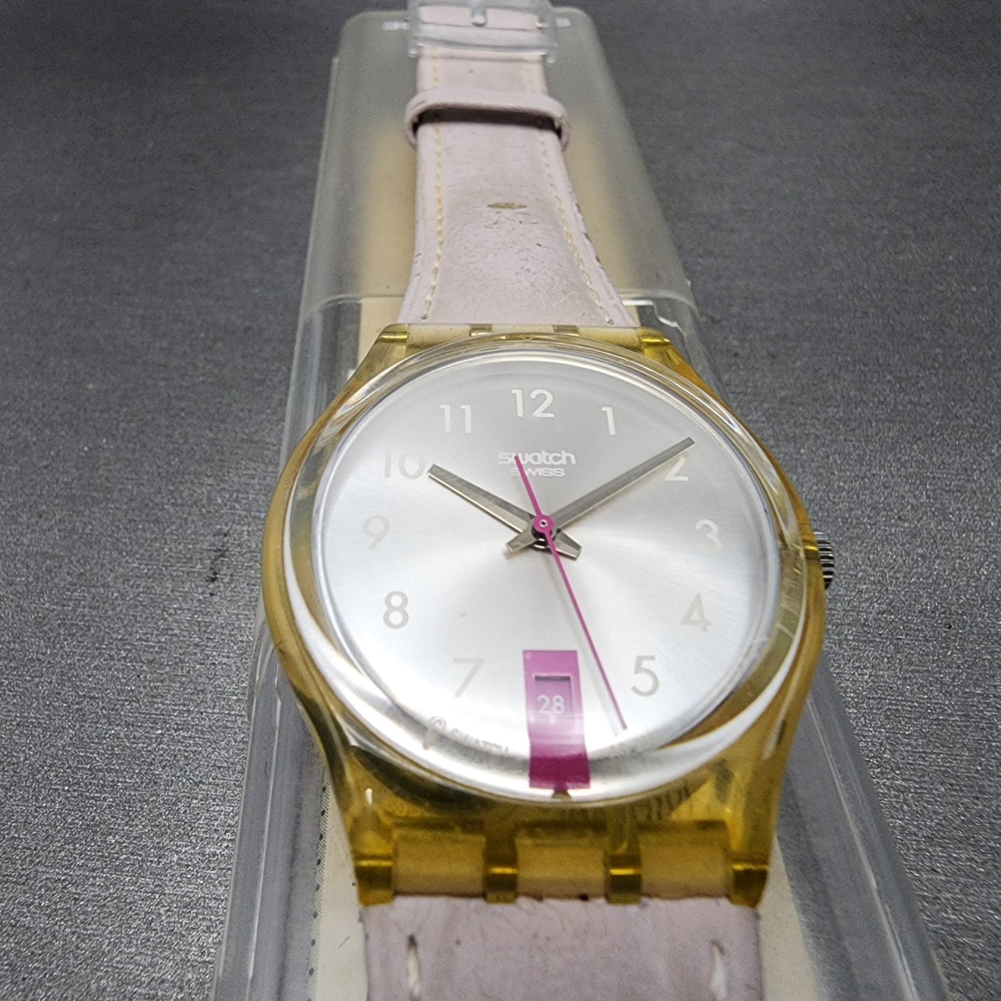 Swatch Pink Lady Watch Women 34mm Silver Dial Clear Date Round GP401 New Battery2