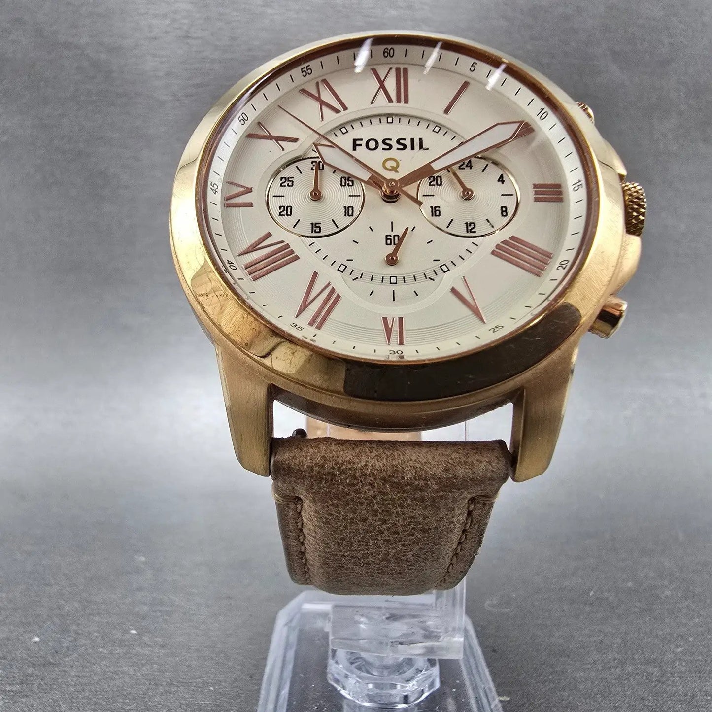 Fossil Q Chronograph Watch Men 44mm Cream Dial Rose Gold Tone Round New Battery5