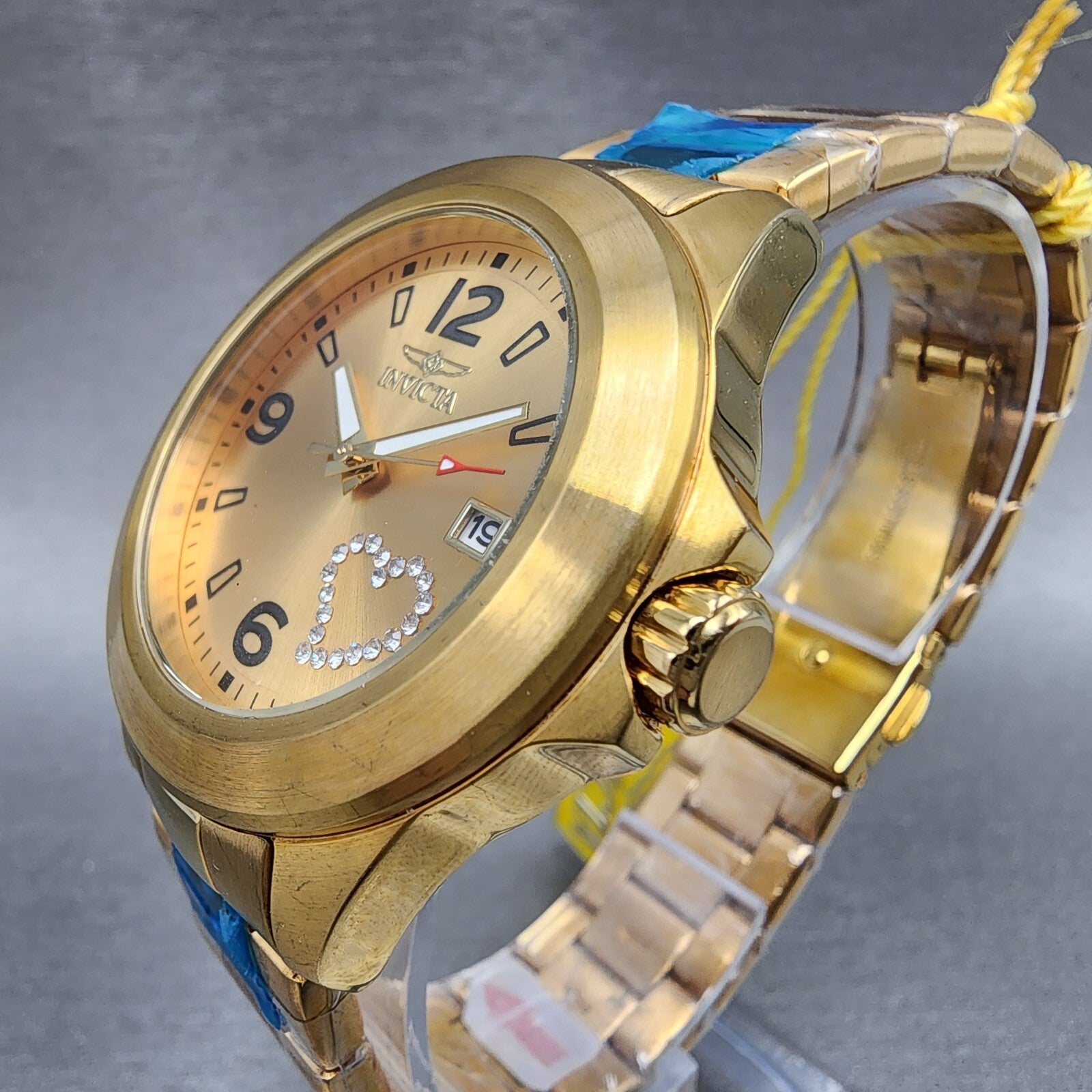 Invicta Angel Watch Women 38mm Gold Dial Gold Tone Date Heart Round New Battery2