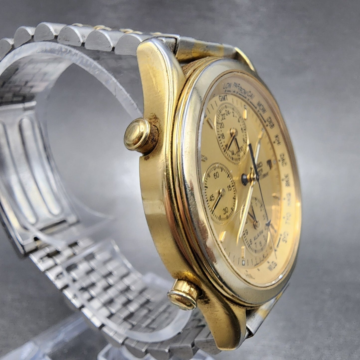 Seiko World Time Watch Men 37mm Gold Dial Gold Tone Date Alarm 5T526A29 PARTS4