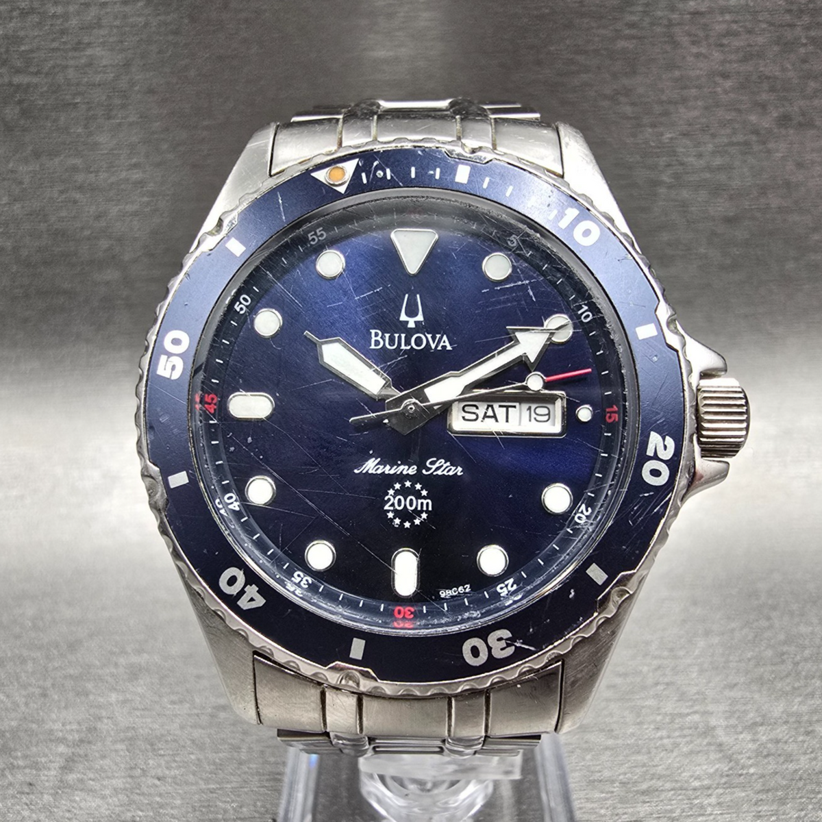 Bulova Marine Star Watch Men 41mm Blue Dial Silver Daydate Round 98C62 New Bat0
