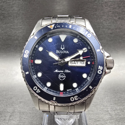 Bulova Marine Star Watch Men 41mm Blue Dial Silver Daydate Round 98C62 New Bat0
