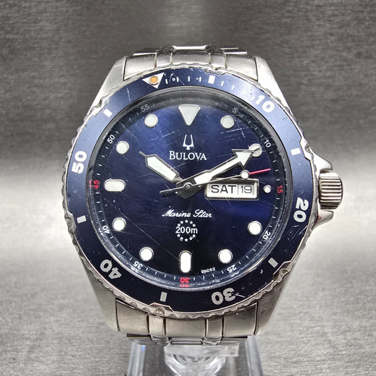 Bulova Marine Star Watch Men 41mm Blue Dial Silver Daydate Round 98C62 New Bat0