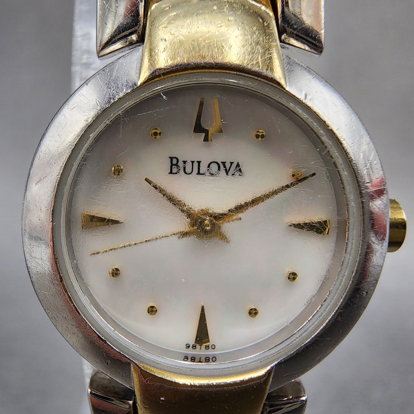 Bulova Watch Women 22mm MOP Dial Two Tone Round 98T80 Bangle New Battery1