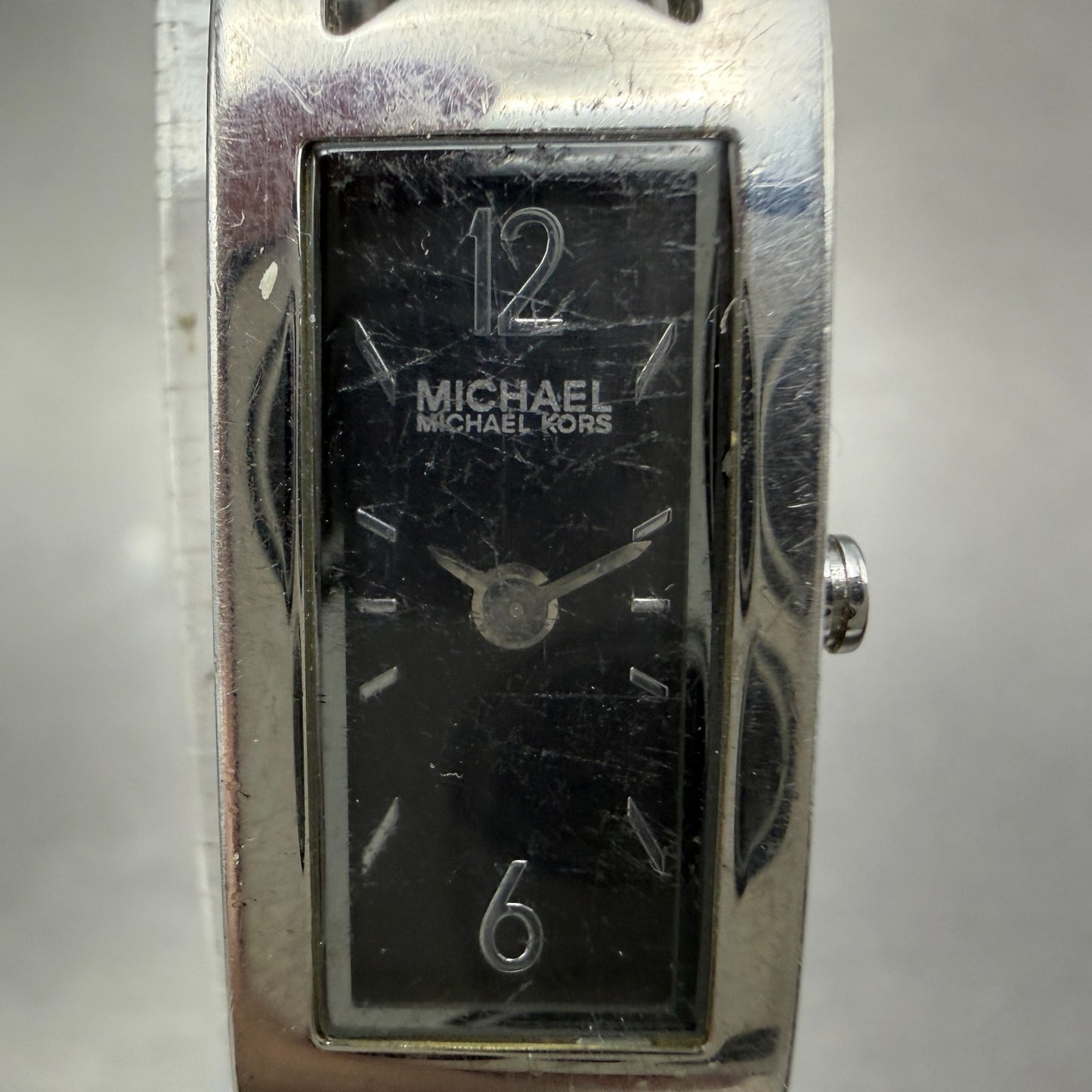 Michael Kors Tank Watch Women 14mm Black Dial Silver Tone Rectangle New battery1