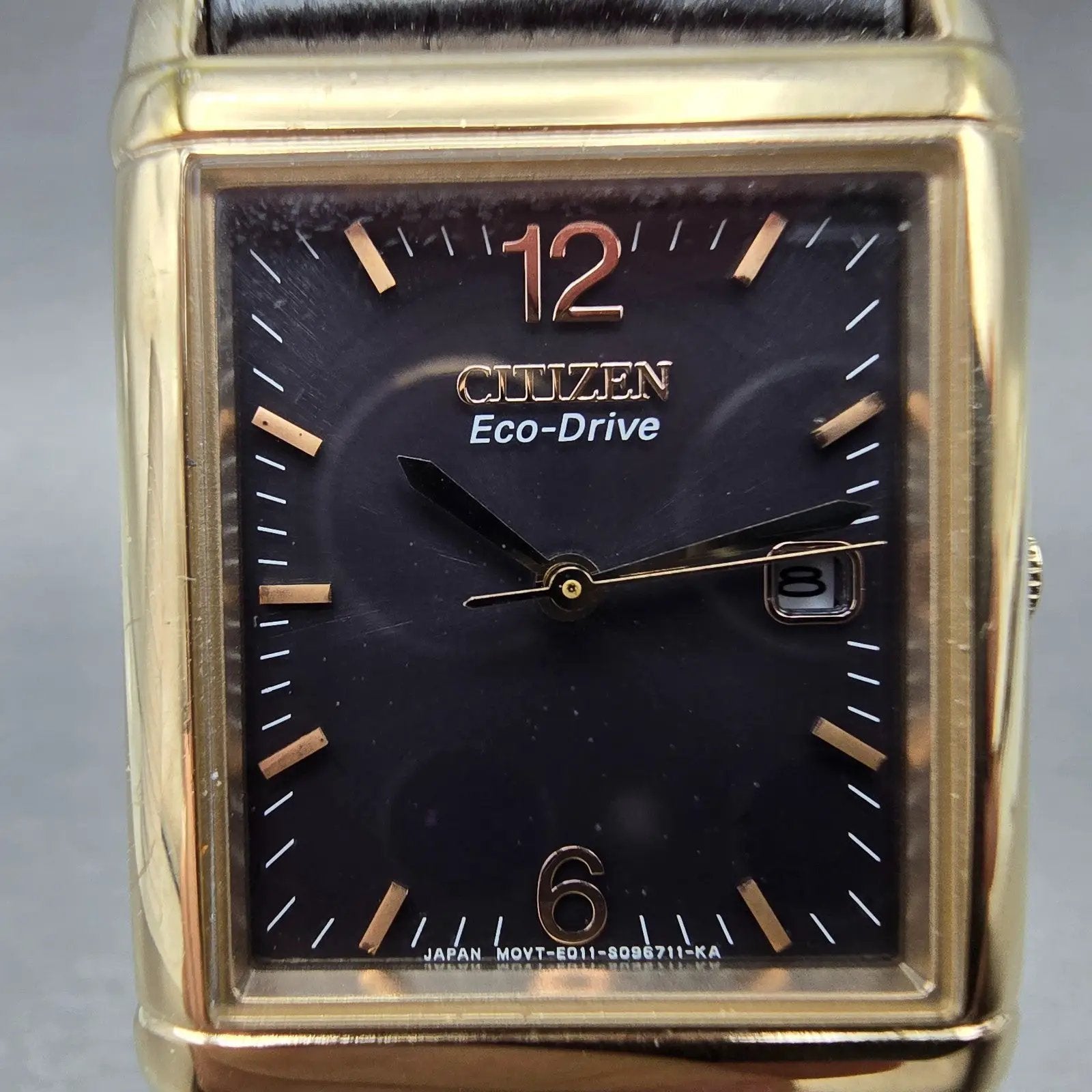 Citizen Eco-Drive Tank Watch Men 25mm Black Dial Rose Gold Tone Date Runs1