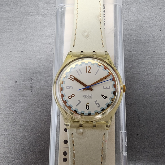 Swatch Cool Fred Watch Men 34mm White Dial Clear Case Round GK150 New Battery0