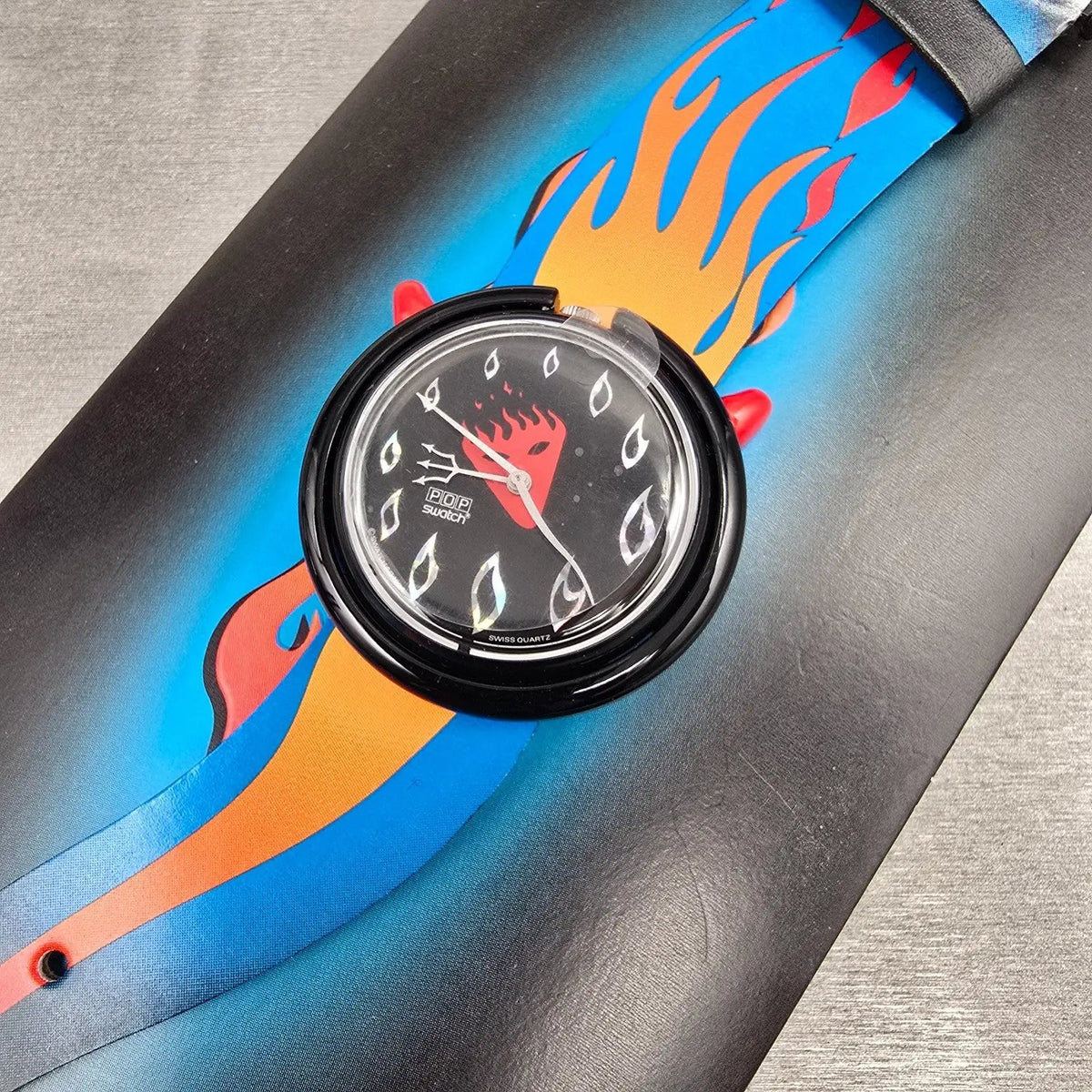 Swatch Pop Hot Stuff Watch Men 40mm Black Dial Black PMB103 New Battery NOS CH16