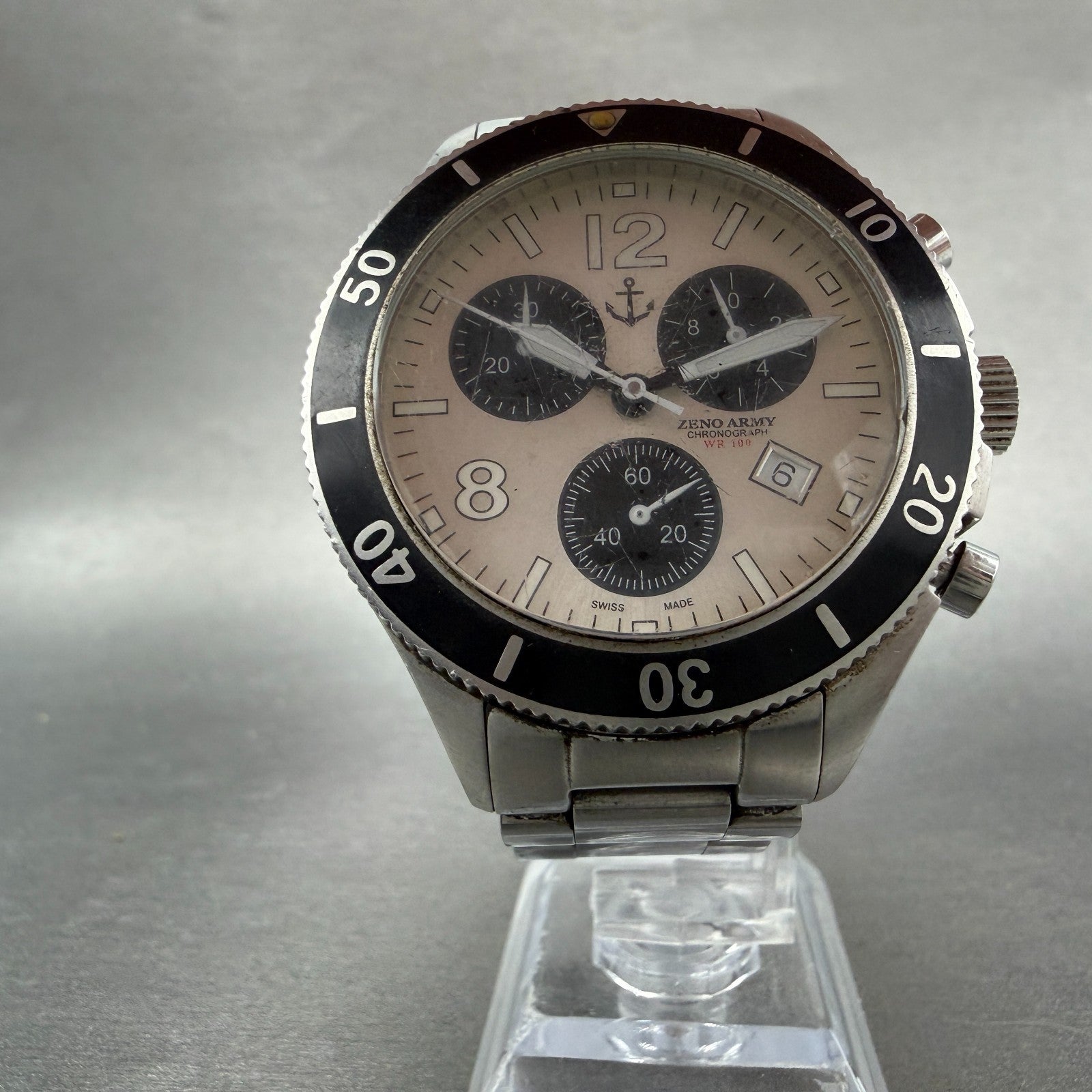 Zeno Army Chronograph Dive Watch Men 44mm White Dial Steel Date Round READ!!!!!!5