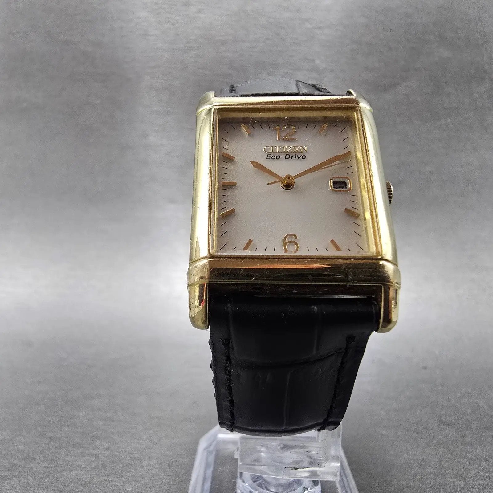 Citizen Eco-Drive Tank Watch Men 25mm Silver Dial Gold Tone Rectangle Date RunsP5