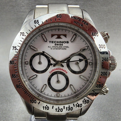 Technos Chronograph Watch Men 39mm White Dial Steel Round TGM615 New Battery