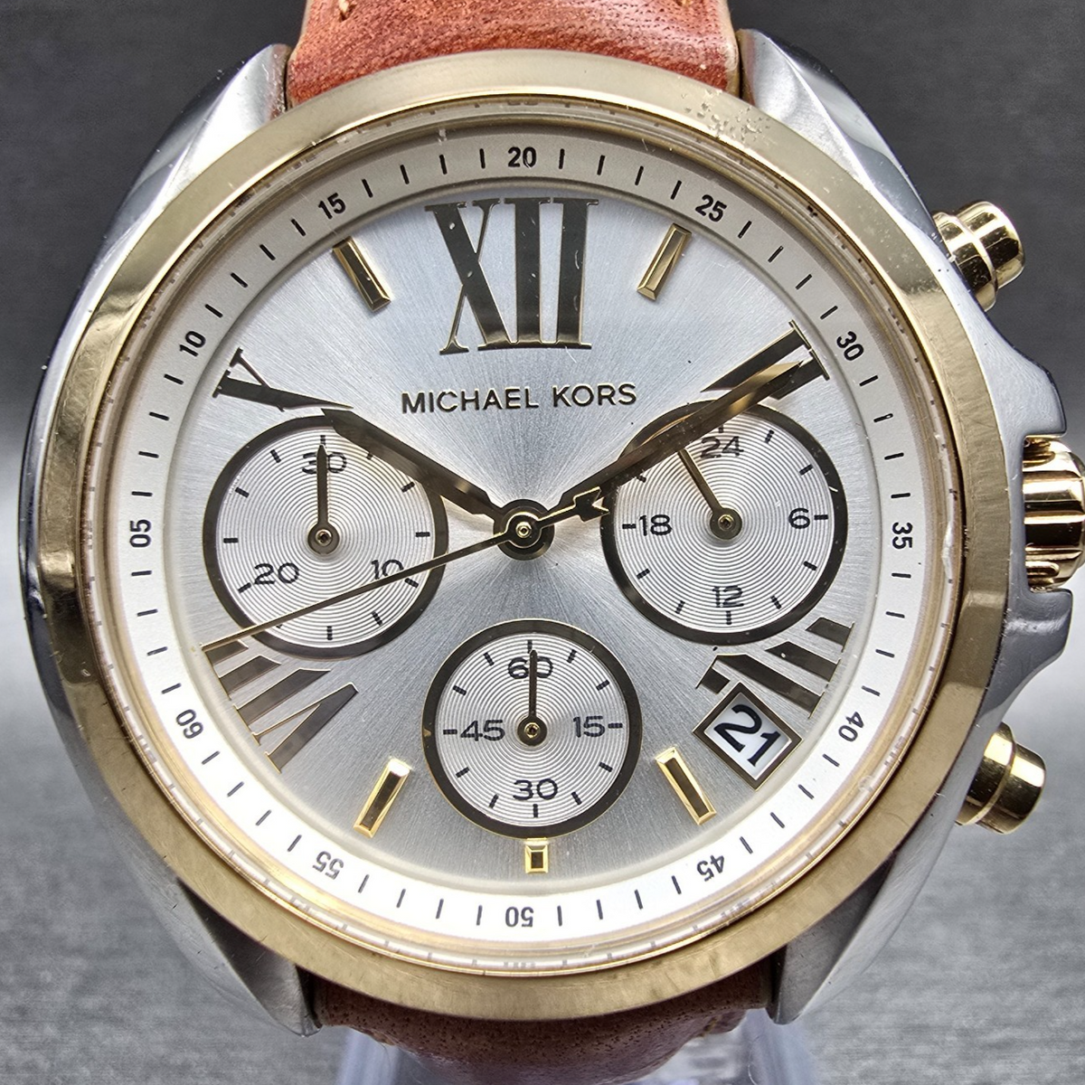 Michael Kors Bradshaw Watch Women 36mm Silver Dial Chrono Date MK-2301 New Batt1