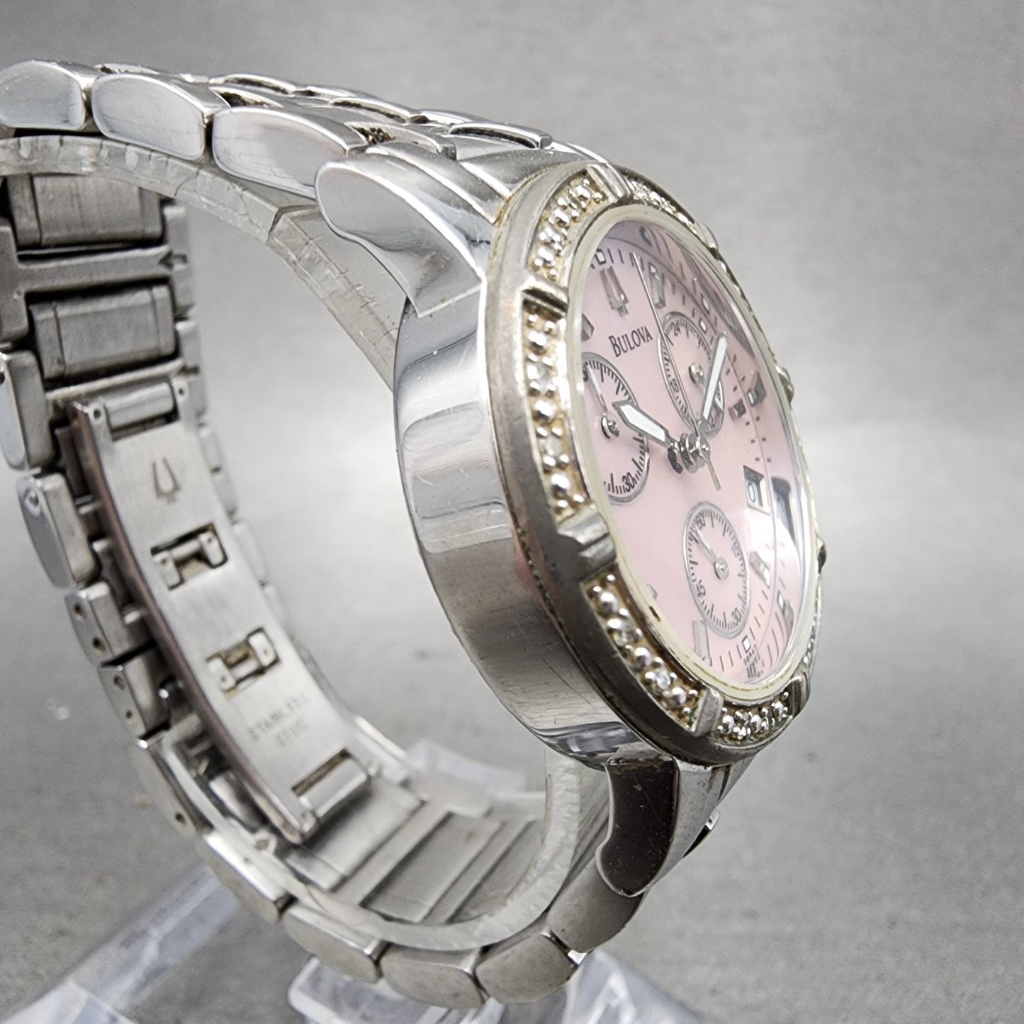 Bulova Chronograph Watch Women 30mm MOP Dial Silver Tone Date 96R47 New Battery3