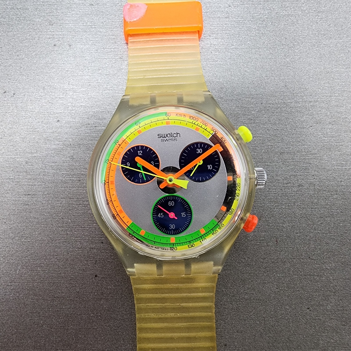 Swatch Jelly Stag Chrono Watch Men 37mm Silver Dial Clear Tone READ!!!! New Batt0