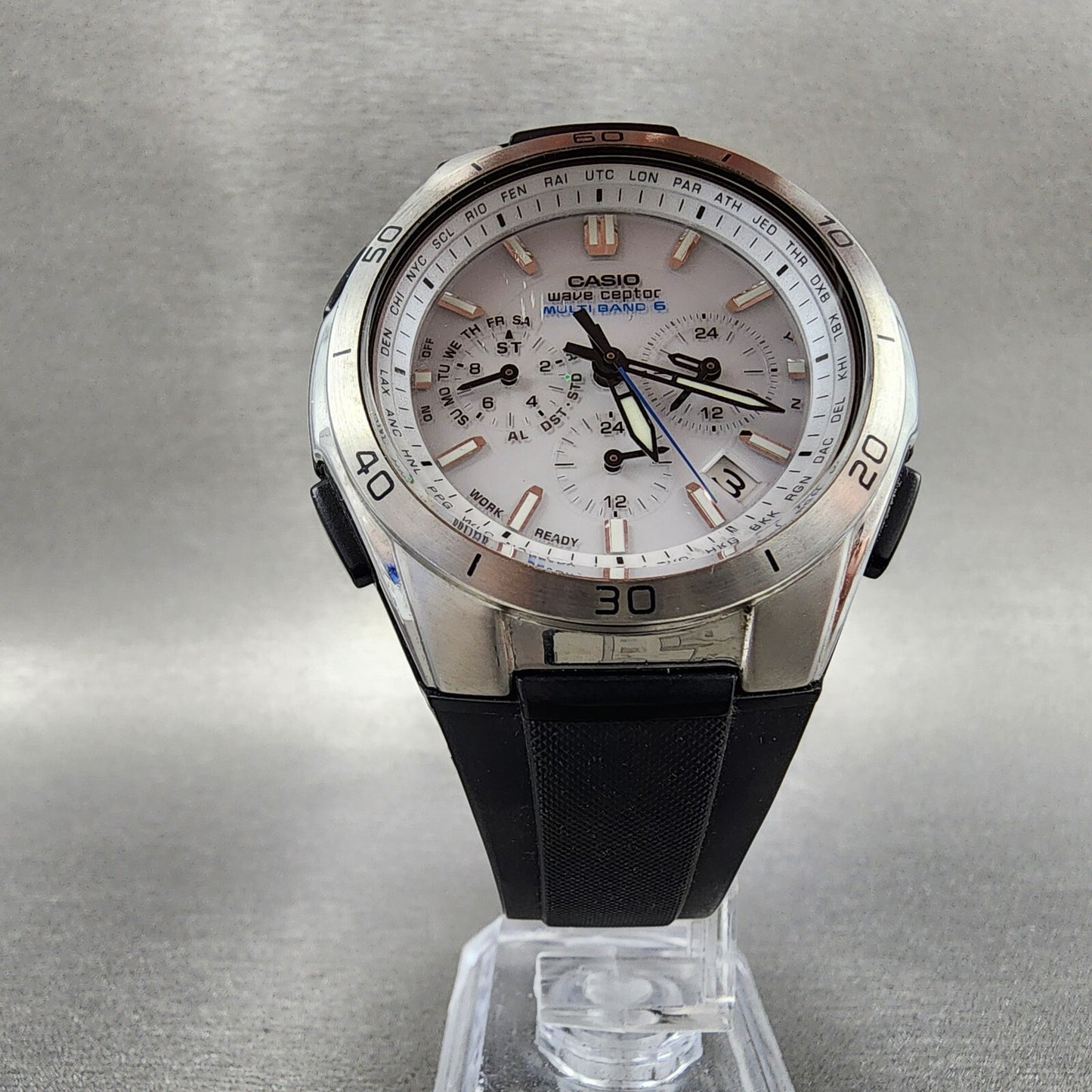 Casio Wave Ceptor Solar Watch Men 43mm White Dial Silver Tone Chronograph Runs5