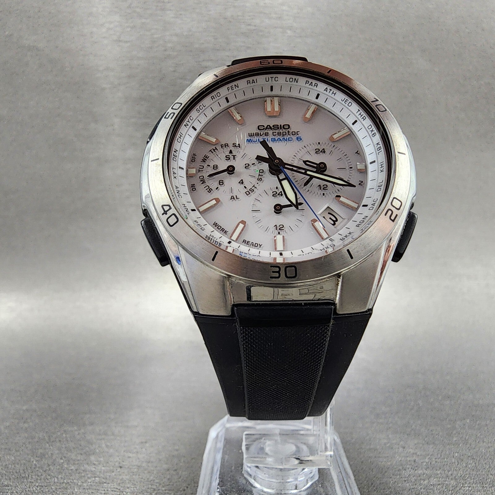Casio Wave Ceptor Solar Watch Men 43mm White Dial Silver Tone Chronograph Runs5
