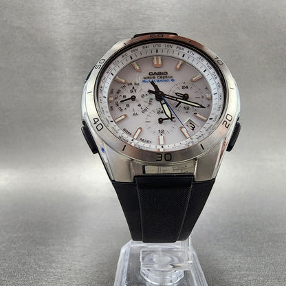 Casio Wave Ceptor Solar Watch Men 43mm White Dial Silver Tone Chronograph Runs5
